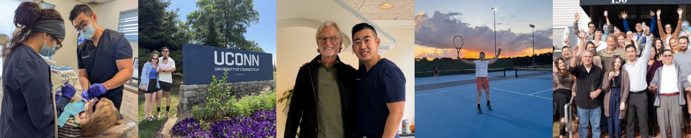 Collage of Doctor Ma in the dental office and with his team